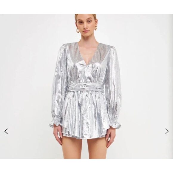 Endless Rose Pants - Endless Rose Snakeskin Metallic Romper Silver Long Sleeve Pleated V-Neck Size XS